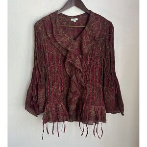 Vintage Y2K 90s Fairy Grunge Ruffle Button Up Top Beaded Artsy Fringe Witchy M